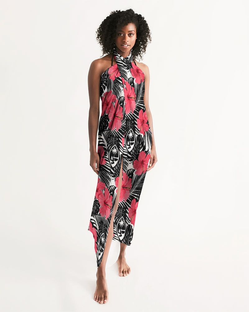 Guam Pink Black Hibiscus Coconut Leaves Sarong Swim Cover Up