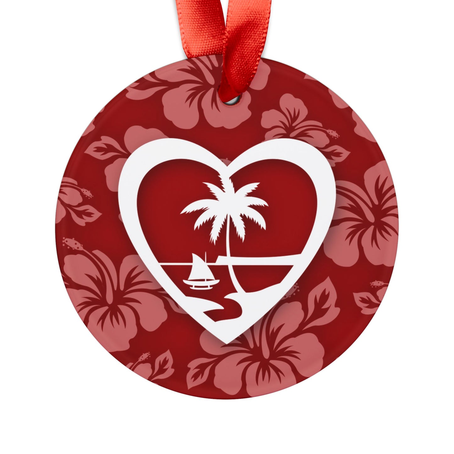 Heart Guam Hibscus Acrylic Ornament with Ribbon