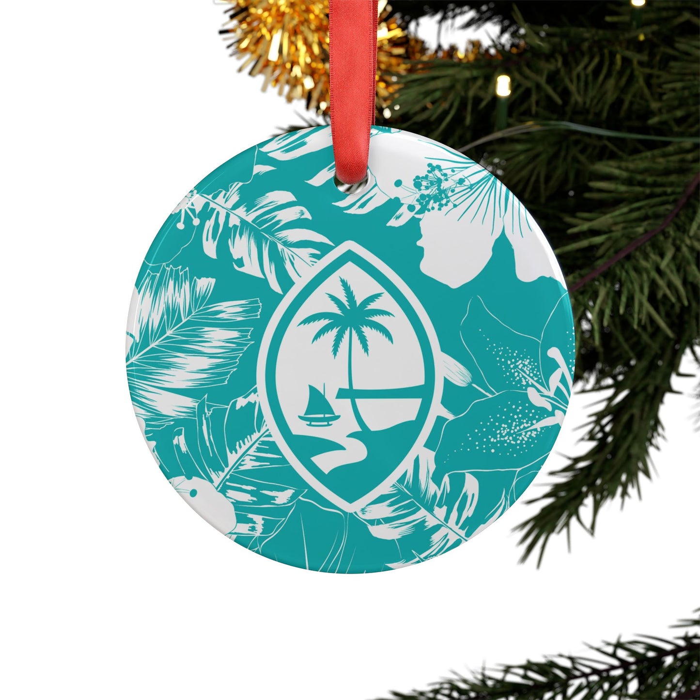 Guam Teal Hibiscus Acrylic Ornament with Ribbon