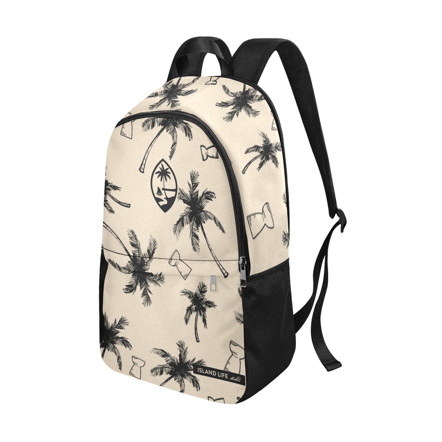 Guam Latte Stone Coconut Trees Khaki Fabric Backpack with Side Mesh Pockets