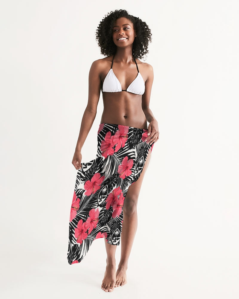 Guam Pink Black Hibiscus Coconut Leaves Sarong Swim Cover Up