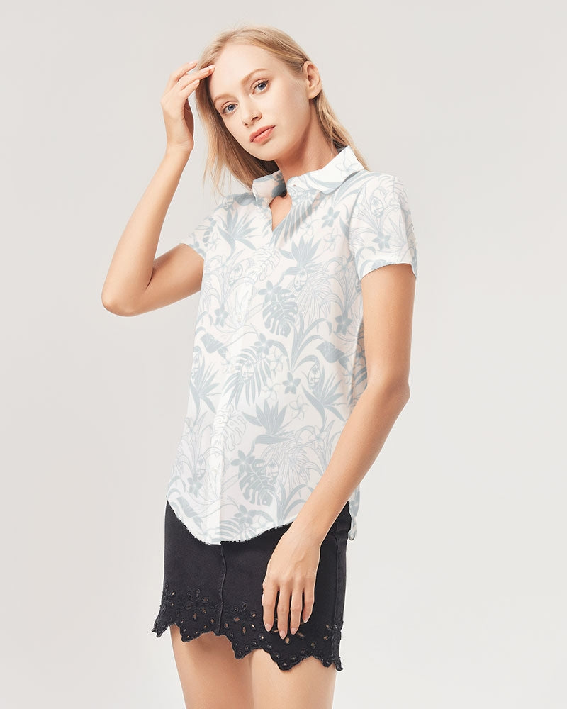 Guam Plumeria Tropical White Women's All-Over Print Short Sleeve Button Up