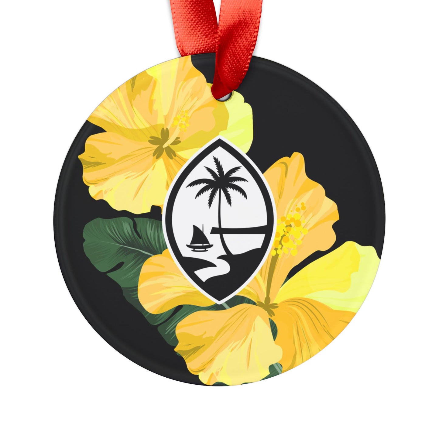 Guam Hibiscus Paradise Yellow Acrylic Ornament with Ribbon