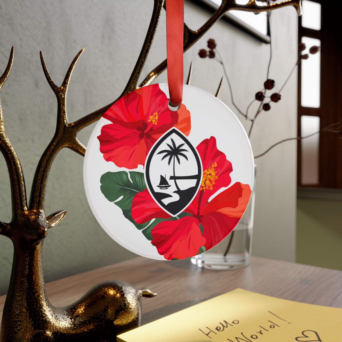 Guam Hibiscus Paradise White Acrylic Ornament with Ribbon