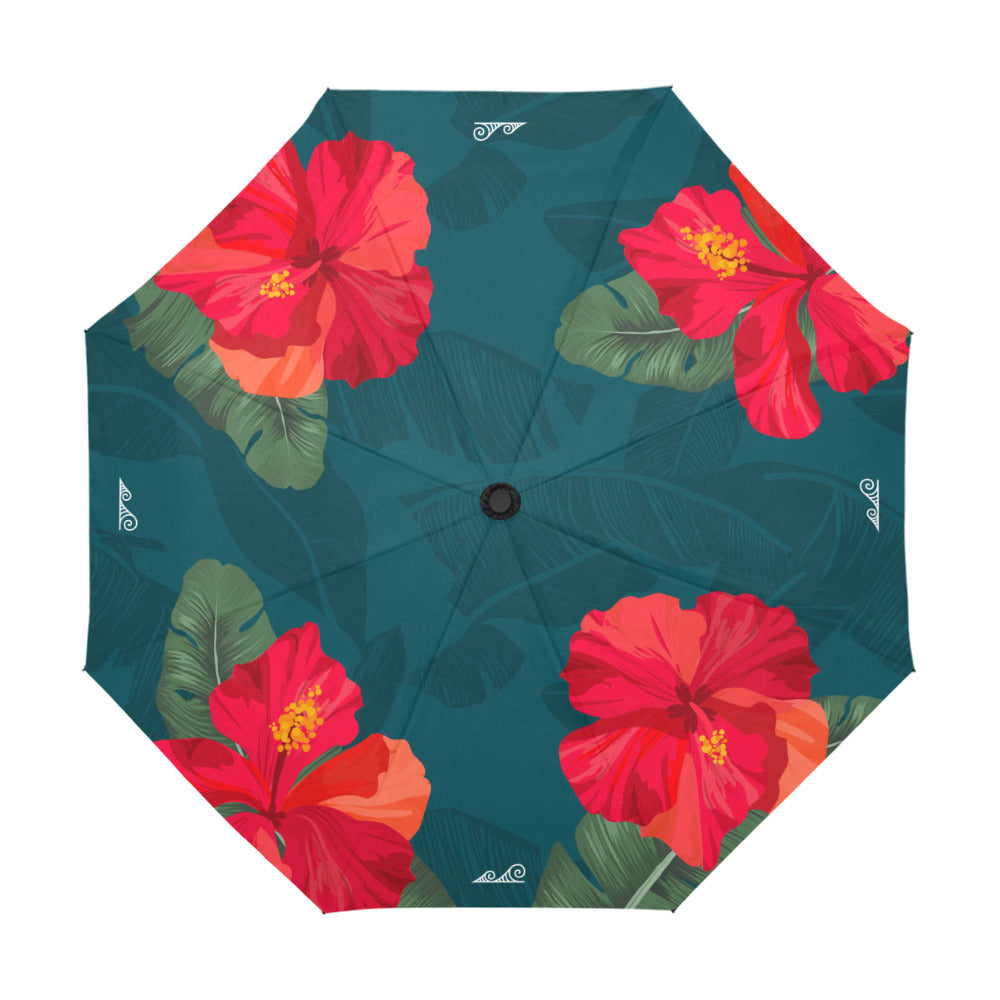 Hibiscus Banana Leaves Teal Anti-UV Auto-Foldable Umbrella