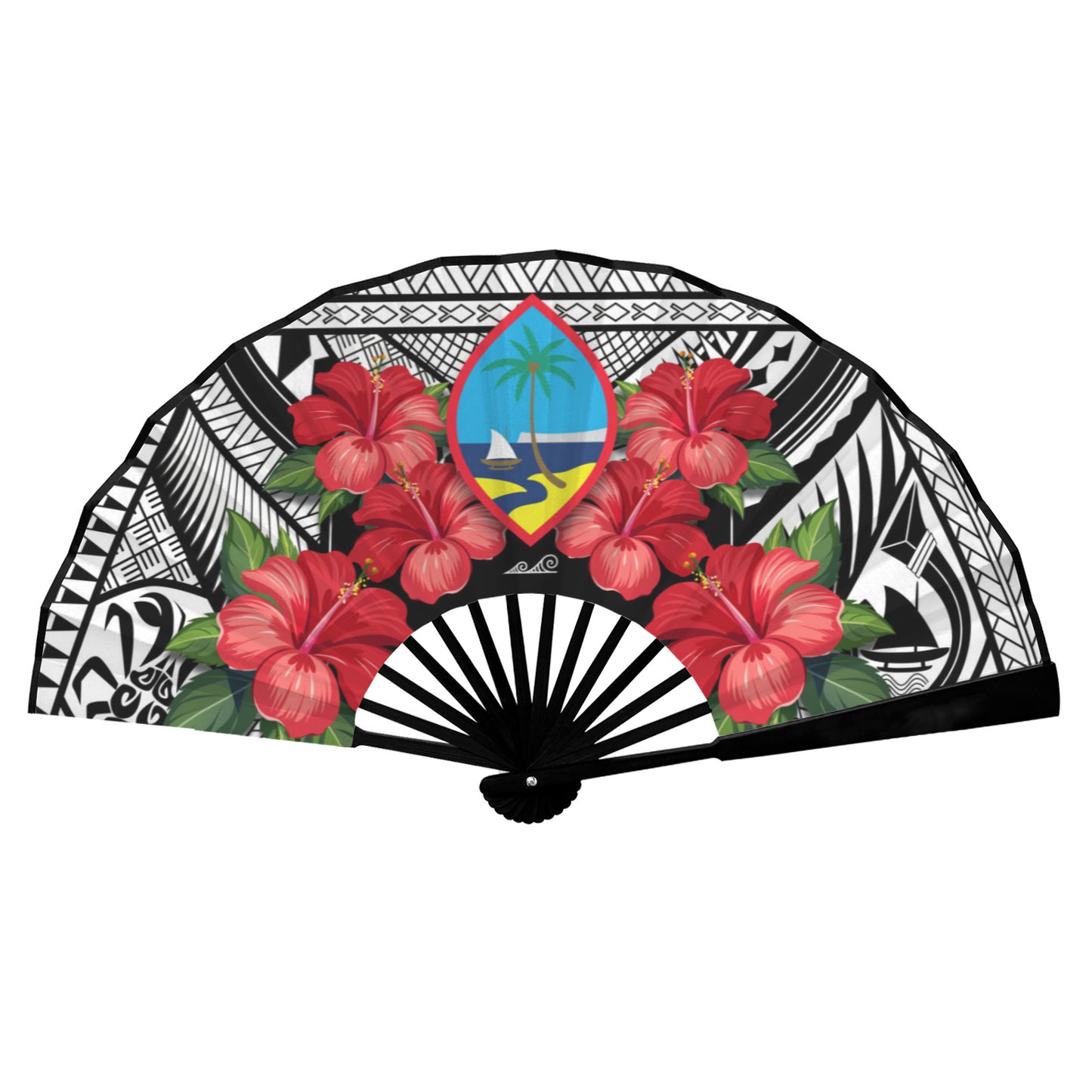 Guam Hibiscus Guahan Tribal Double-Sided Folding Fan