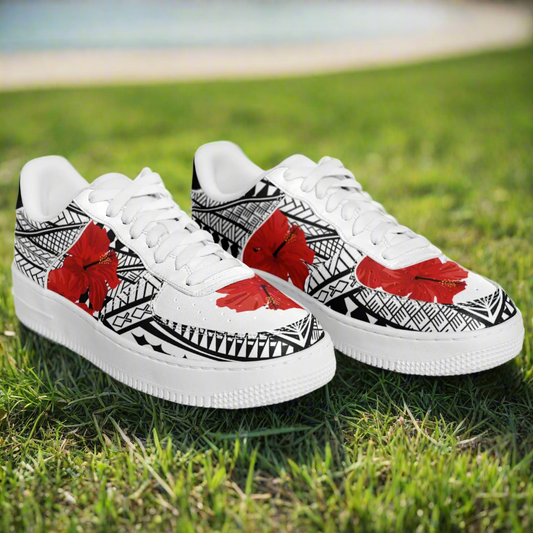 Guam Red Hibiscus Tribal White Core Low Shoes