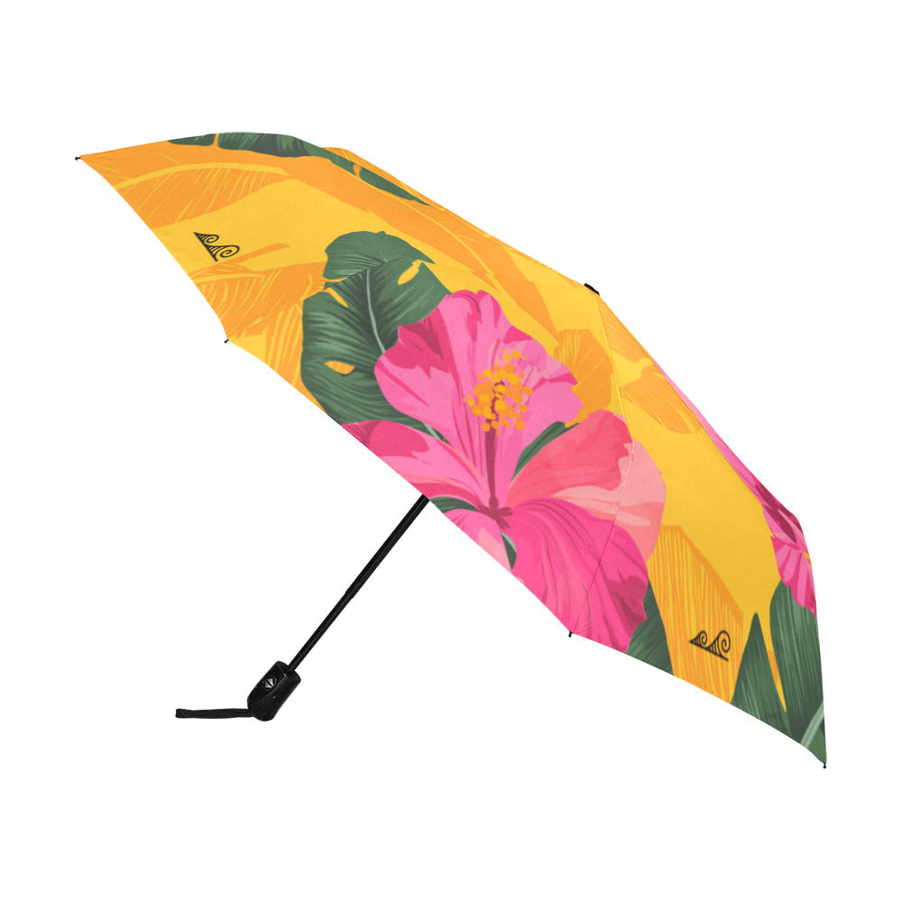 Hibiscus Banana Leaves Gold Anti-UV Auto-Foldable Umbrella