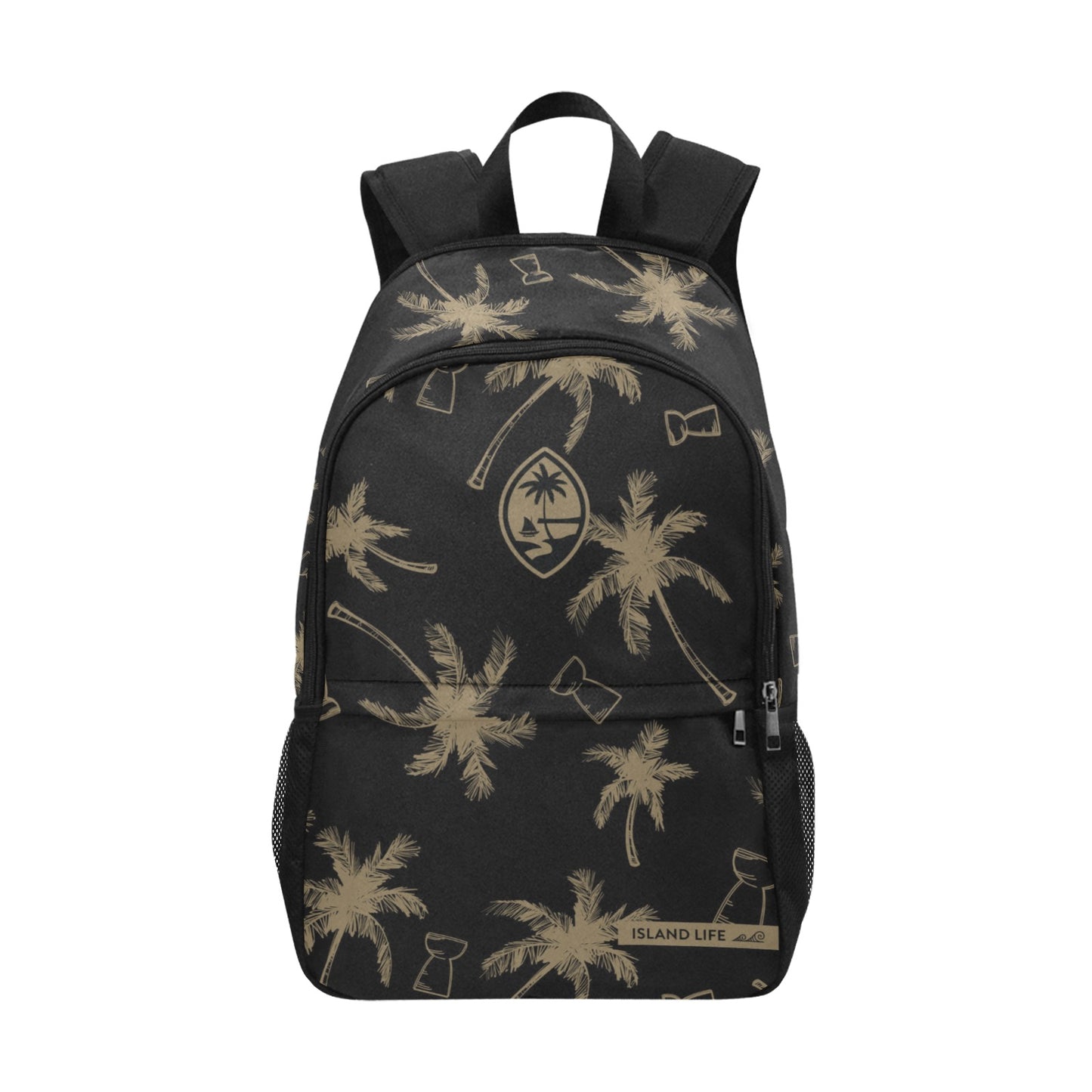 Guam Latte Stone Coconut Trees Black Fabric Backpack with Side Mesh Pockets