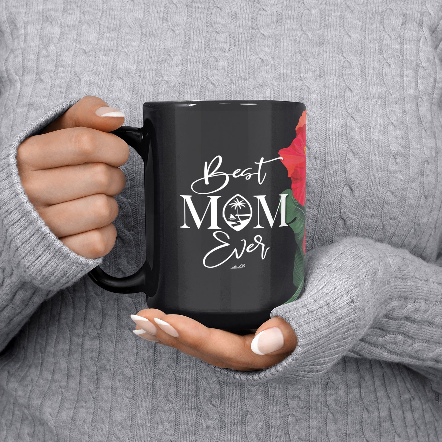Best Mom Ever Script Guam Hibiscus Paradise Red 15oz Black Mug