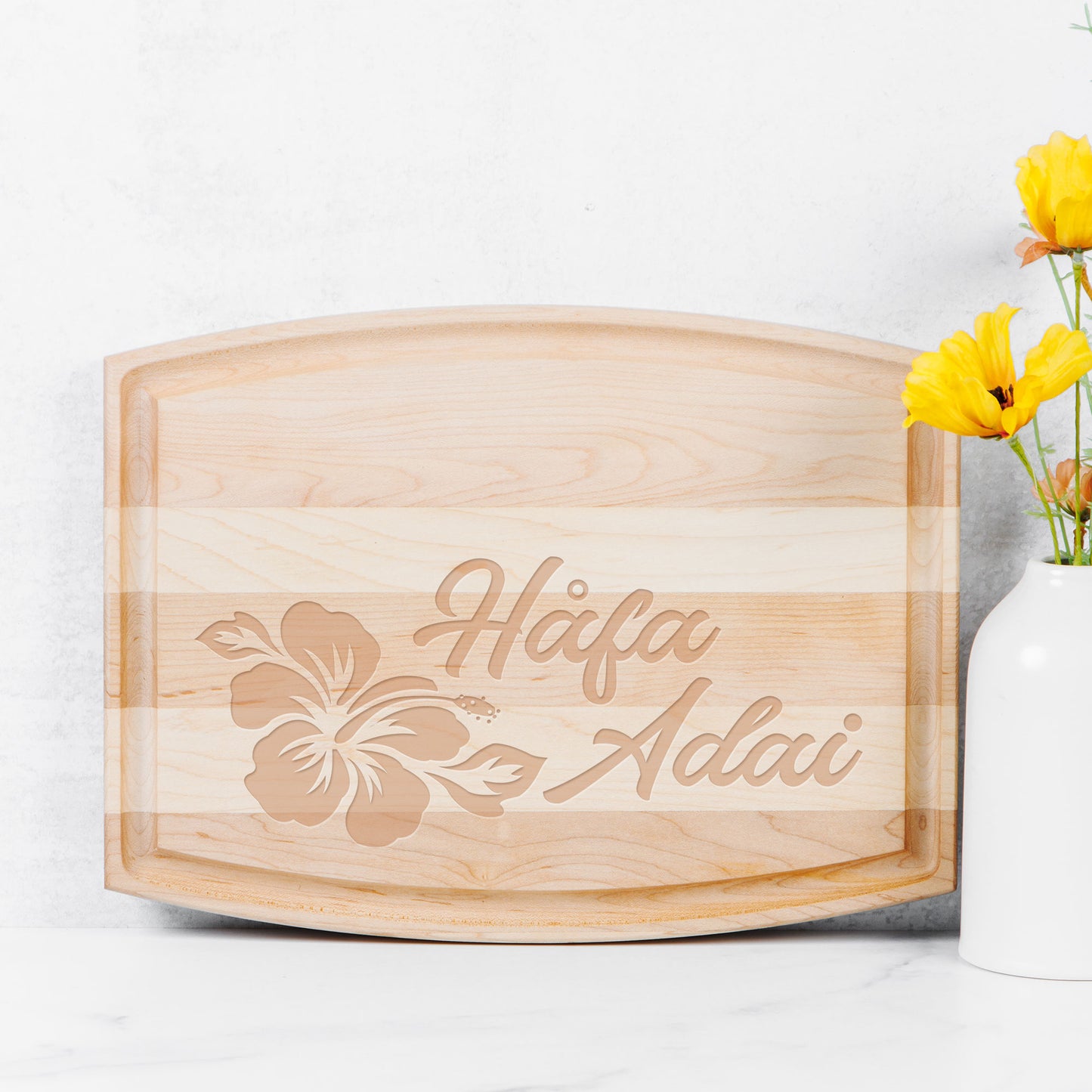 Hafa Adai Guam CNMI Hibiscus Arched Wood Cutting Board with Groove
