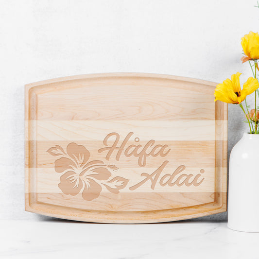 Hafa Adai Guam CNMI Hibiscus Arched Wood Cutting Board with Groove