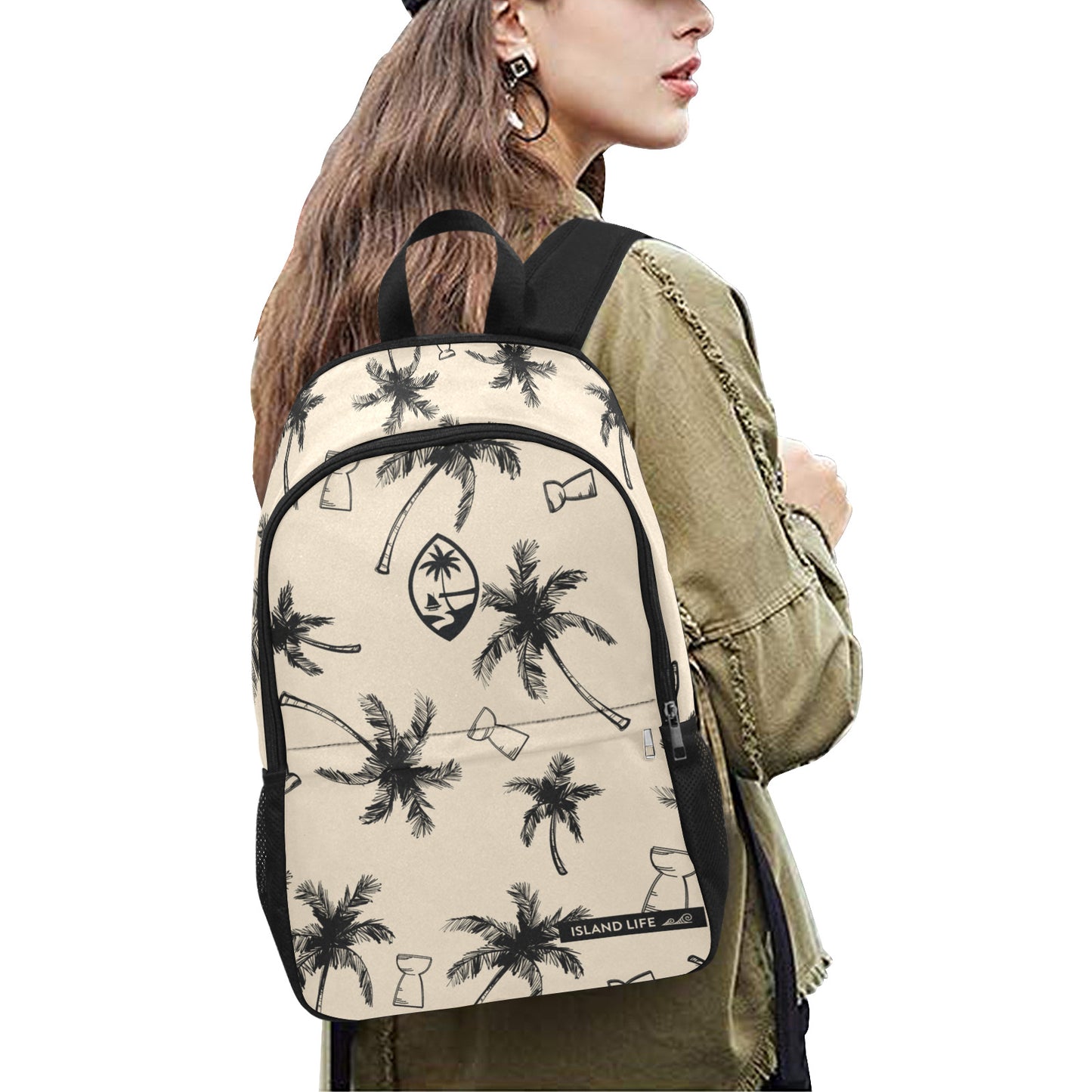 Guam Latte Stone Coconut Trees Khaki Fabric Backpack with Side Mesh Pockets