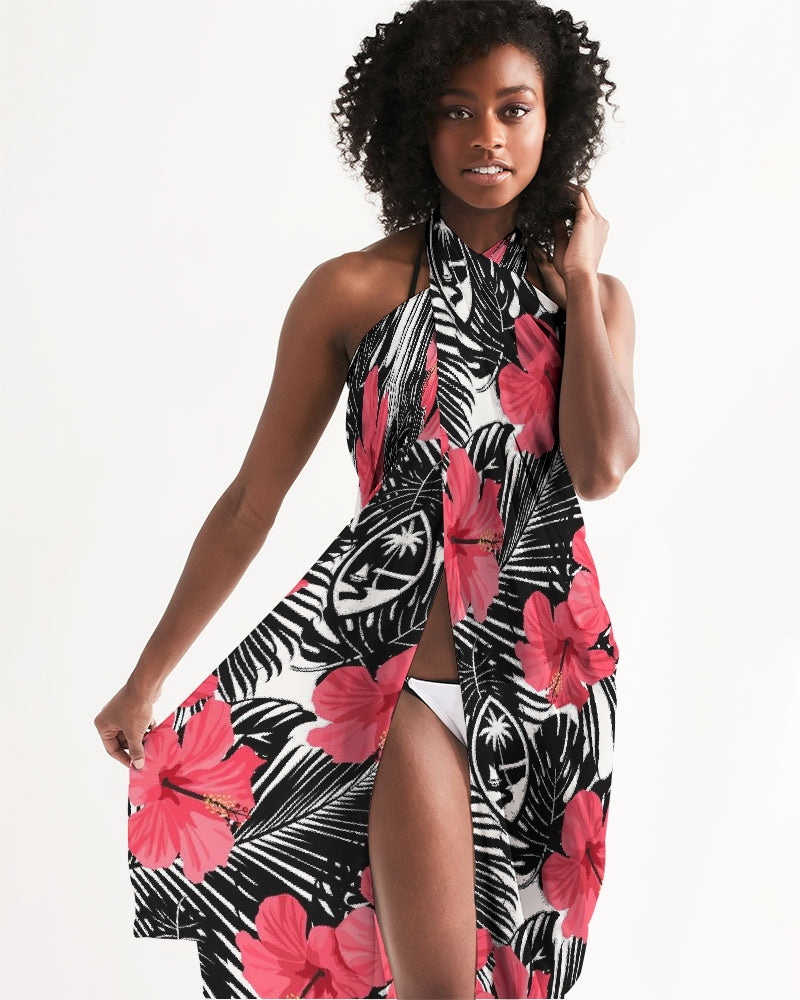 Guam Pink Black Hibiscus Coconut Leaves Sarong Swim Cover Up