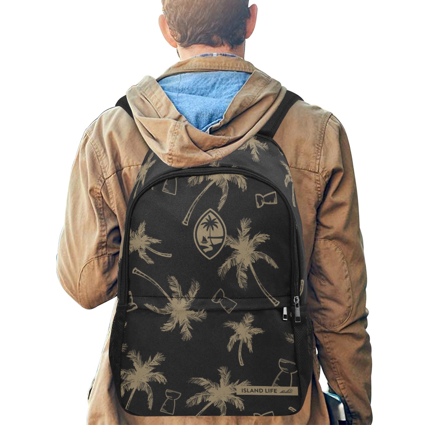 Guam Latte Stone Coconut Trees Black Fabric Backpack with Side Mesh Pockets