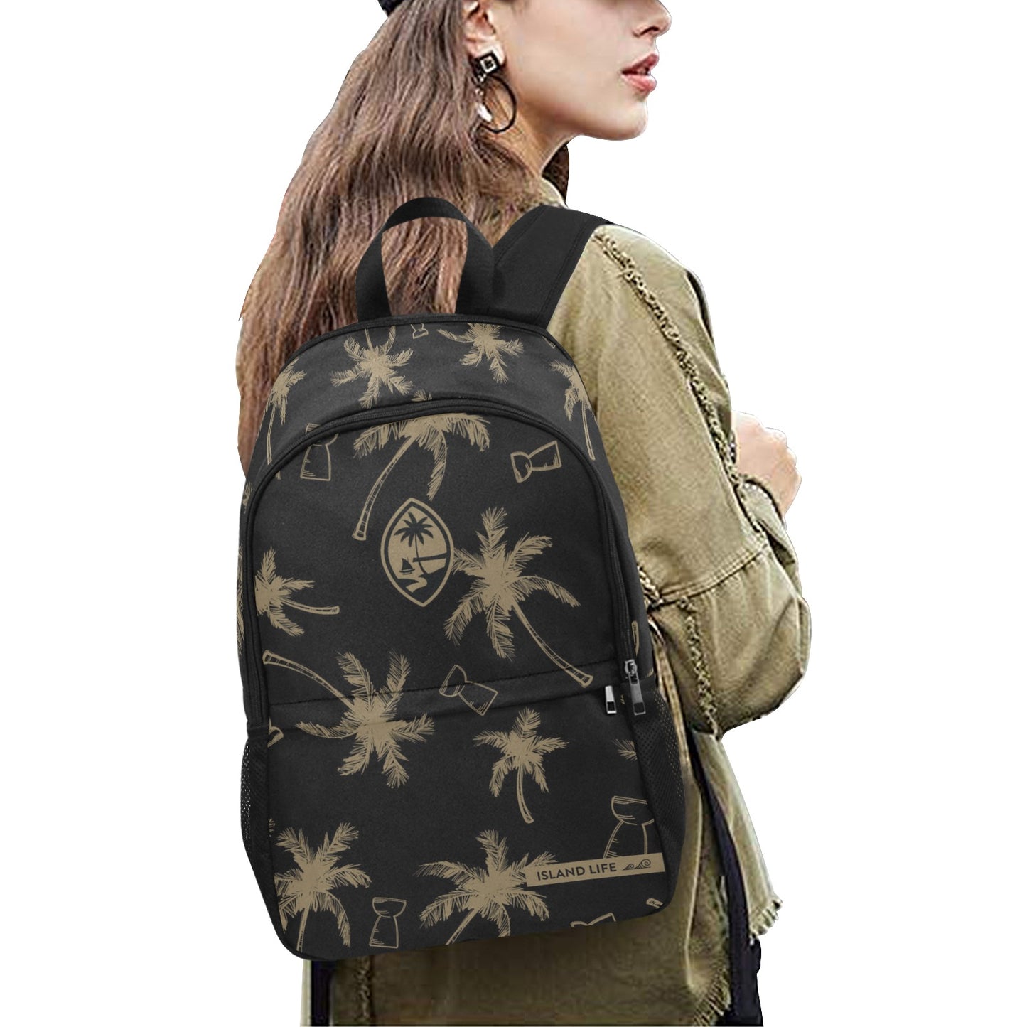 Guam Latte Stone Coconut Trees Black Fabric Backpack with Side Mesh Pockets