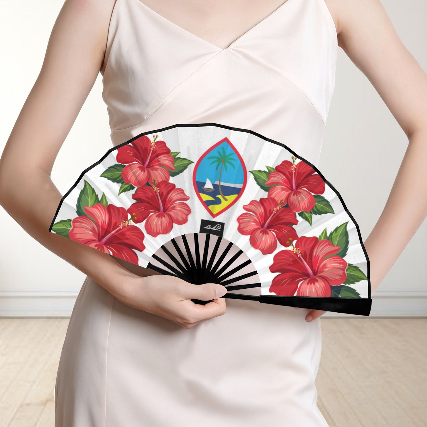 Guam Red Hibiscus White Double-Sided Folding Fan