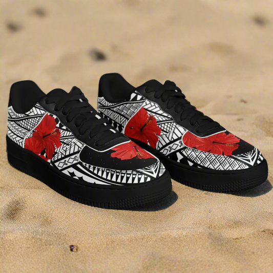 Guam Red Hibiscus Tribal Black Core Low Shoes