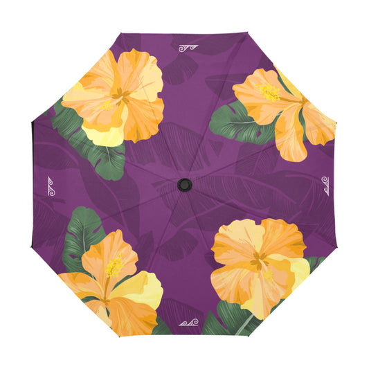 Hibiscus Banana Leaves Purple Anti-UV Auto-Foldable Umbrella