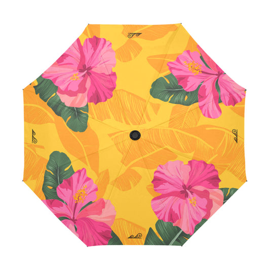 Hibiscus Banana Leaves Gold Anti-UV Auto-Foldable Umbrella