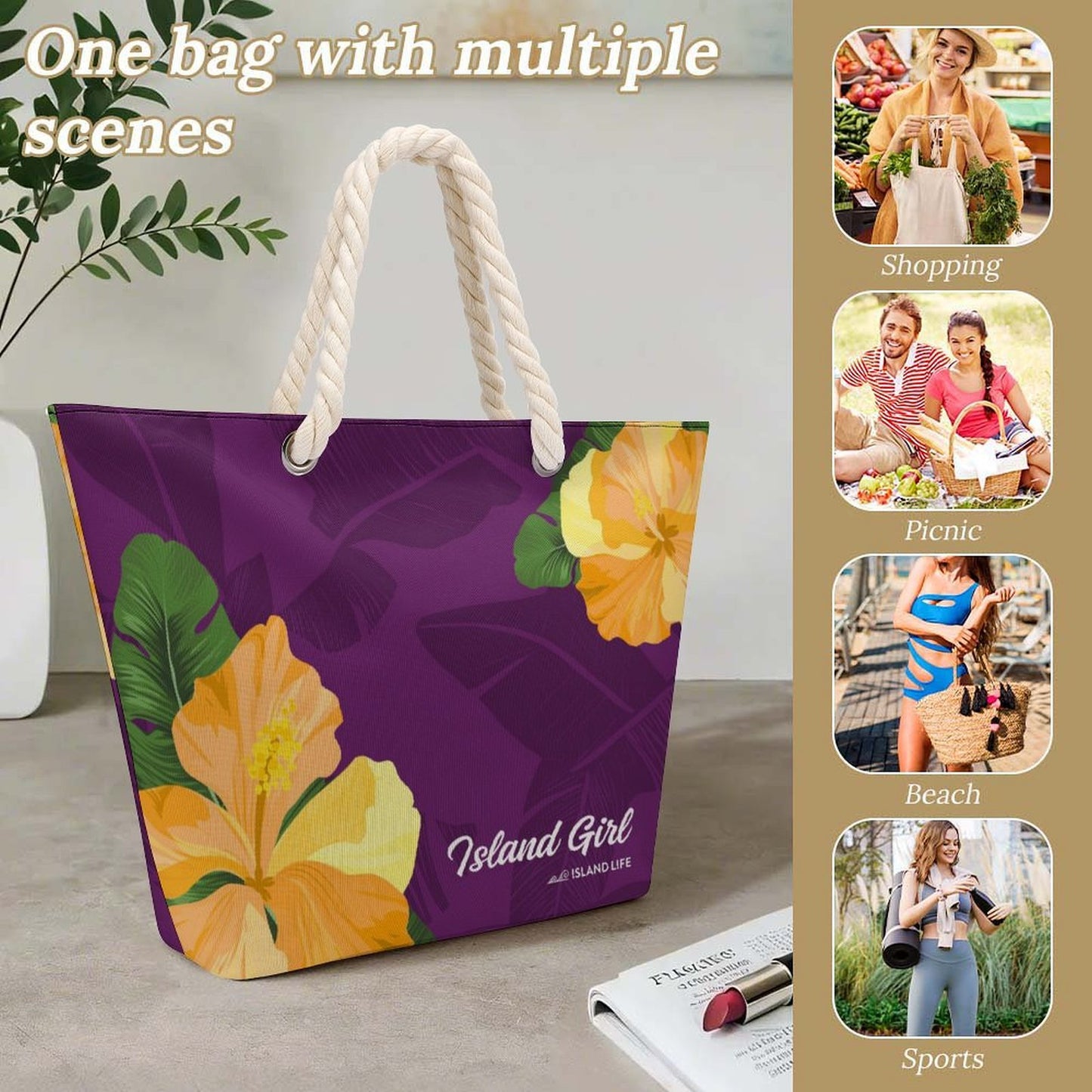 Island Girl Purple Guam CNMI Hemp Rope Tote Bag