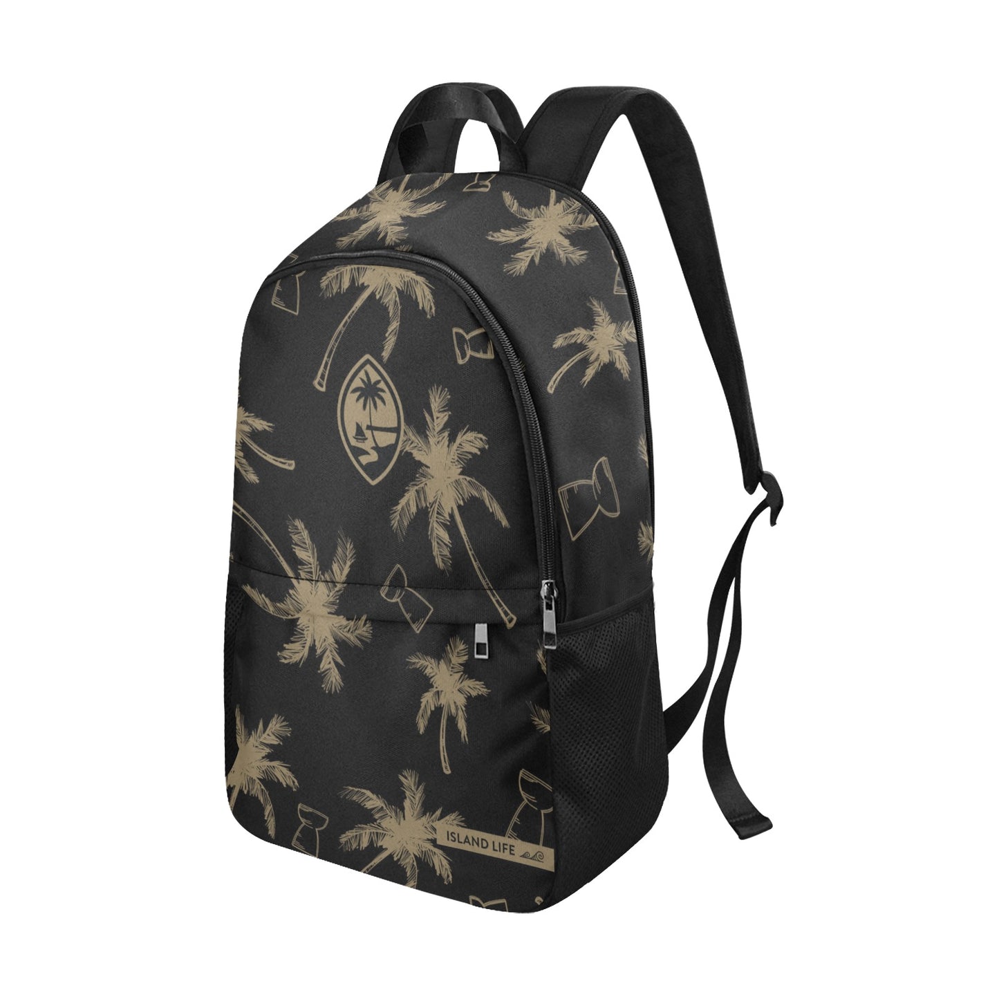 Guam Latte Stone Coconut Trees Black Fabric Backpack with Side Mesh Pockets