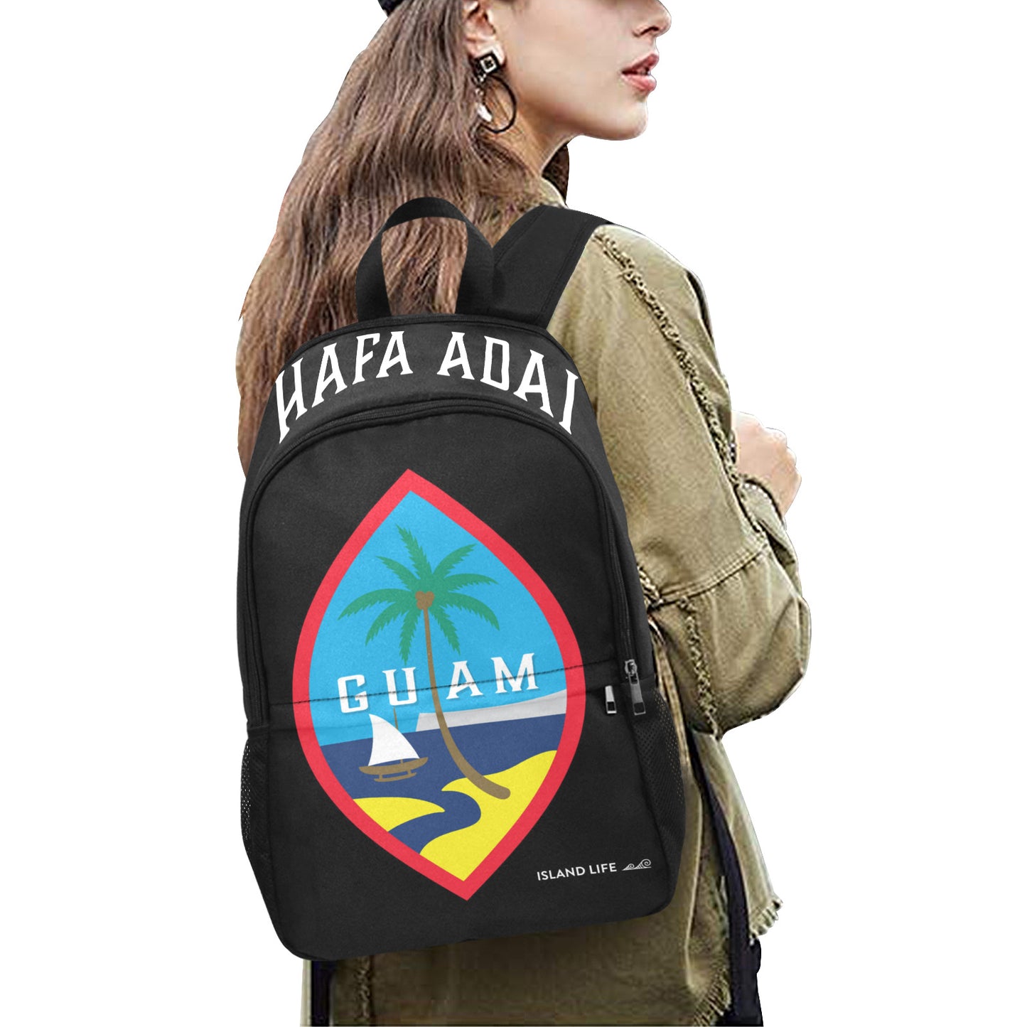 Hafa Adai Guam Fabric Backpack with Side Mesh Pockets