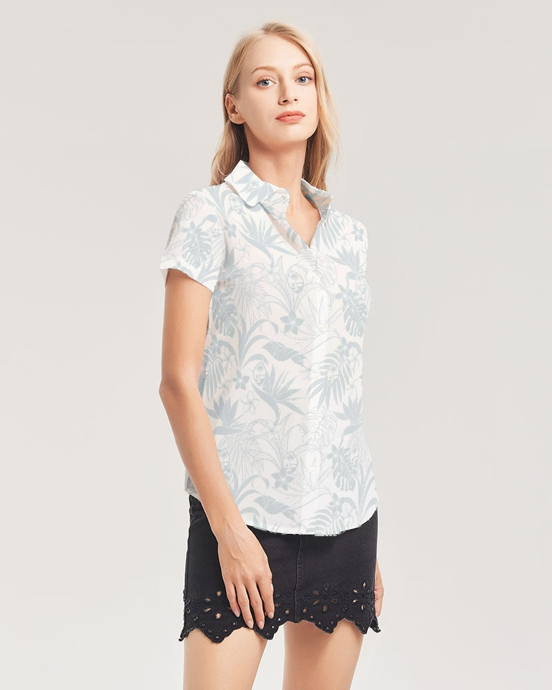 Guam Plumeria Tropical White Women's All-Over Print Short Sleeve Button Up