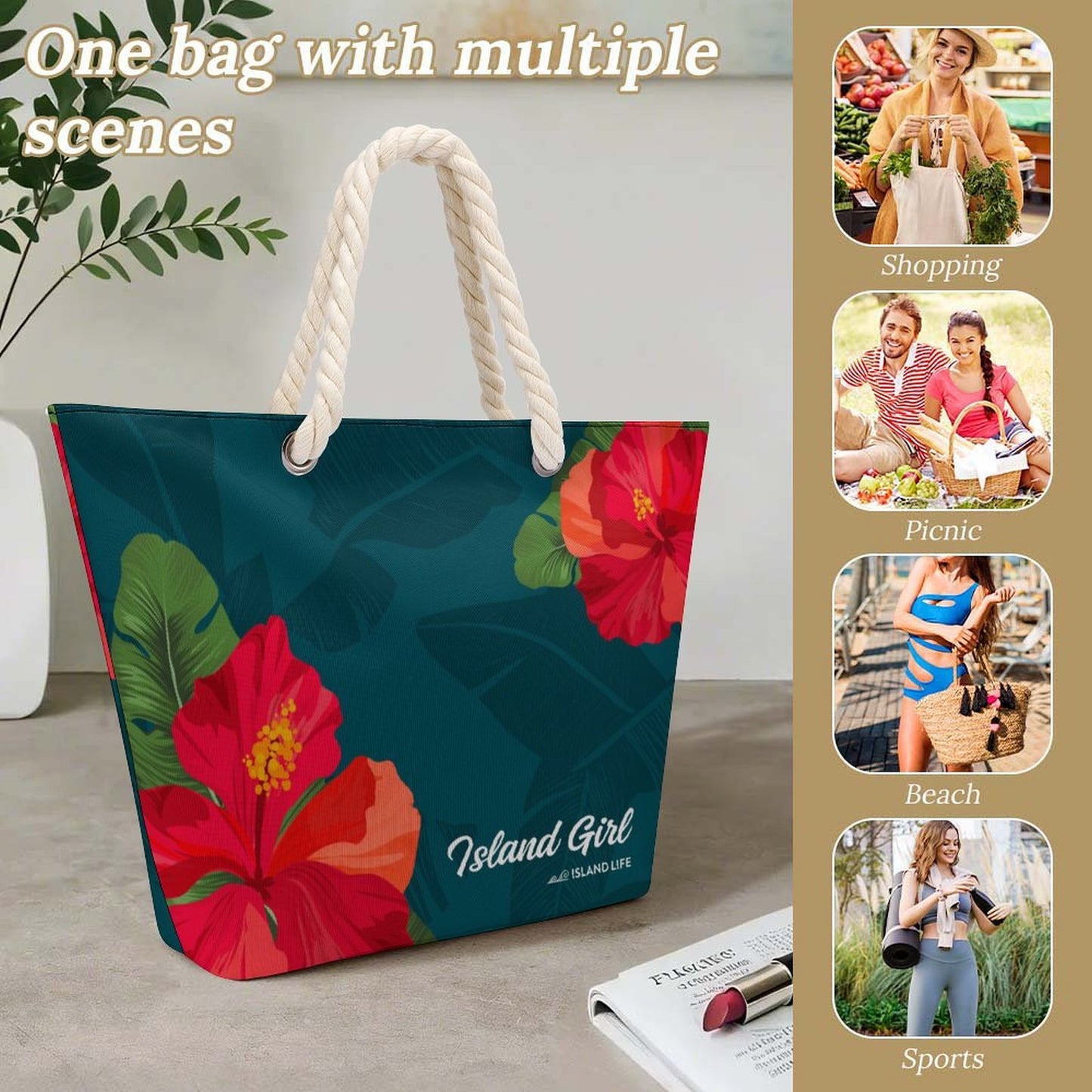 Island Girl Teal Guam CNMI Hemp Rope Tote Bag