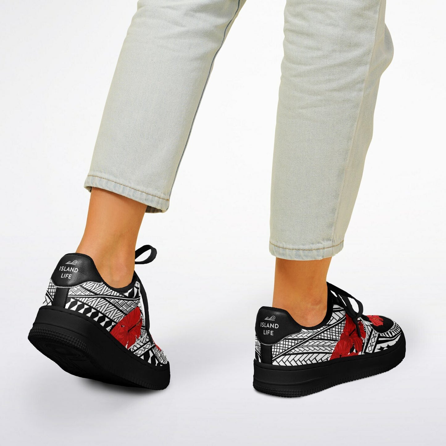 Guam Red Hibiscus Tribal Black Core Low Shoes