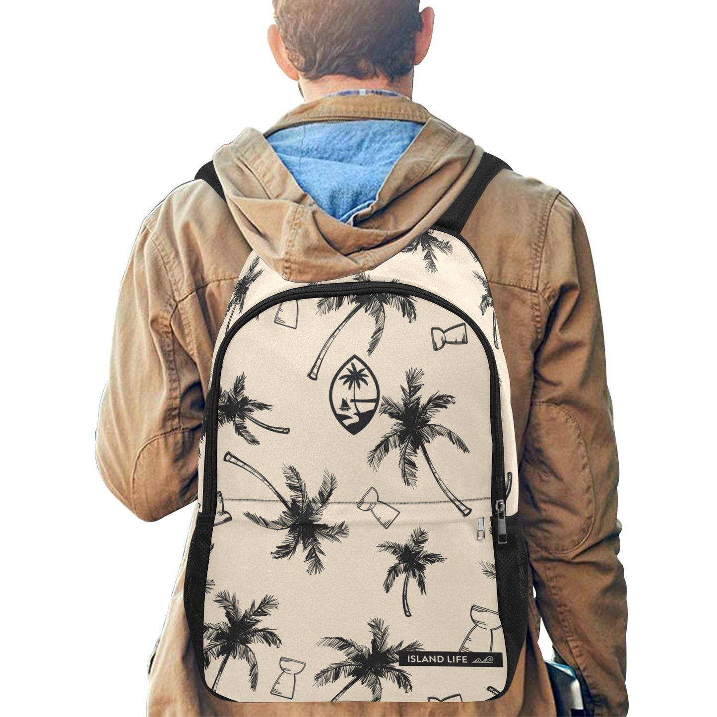 Guam Latte Stone Coconut Trees Khaki Fabric Backpack with Side Mesh Pockets