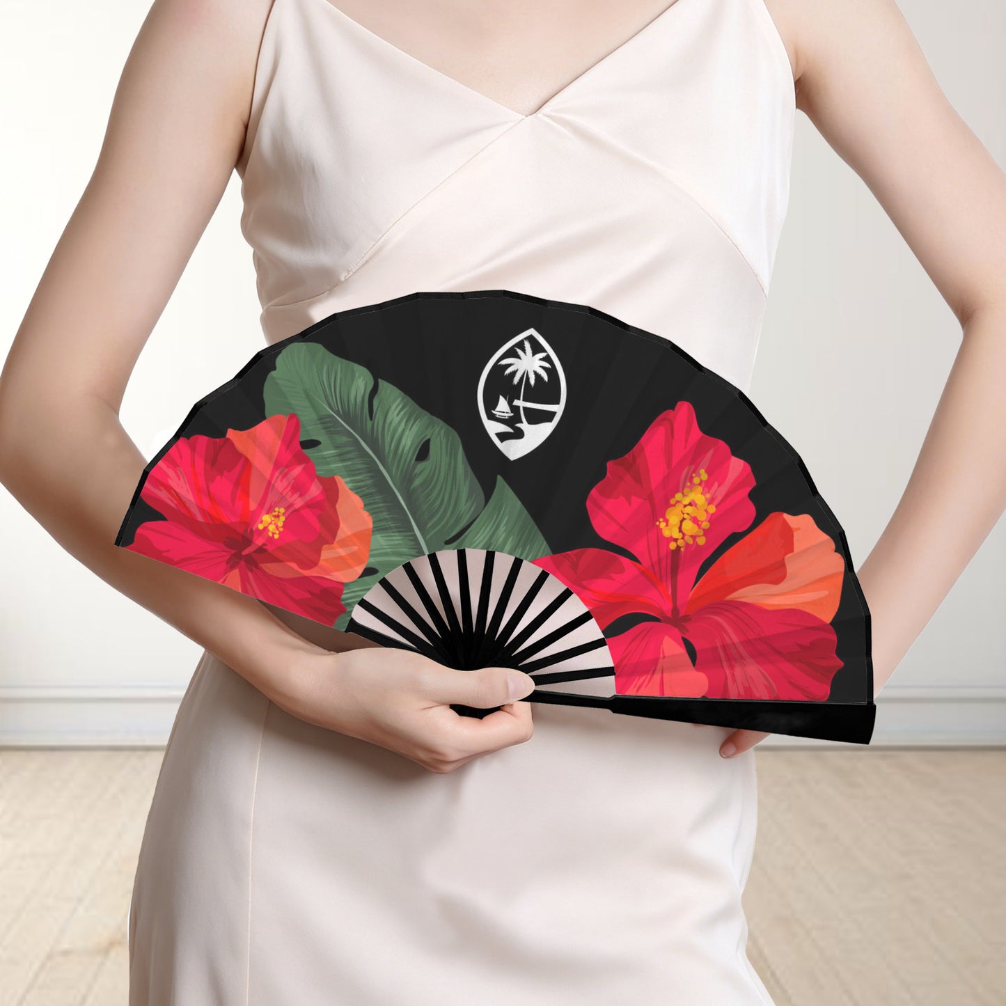 Guam Hibiscus Paradise Black Double-Sided Folding Fan