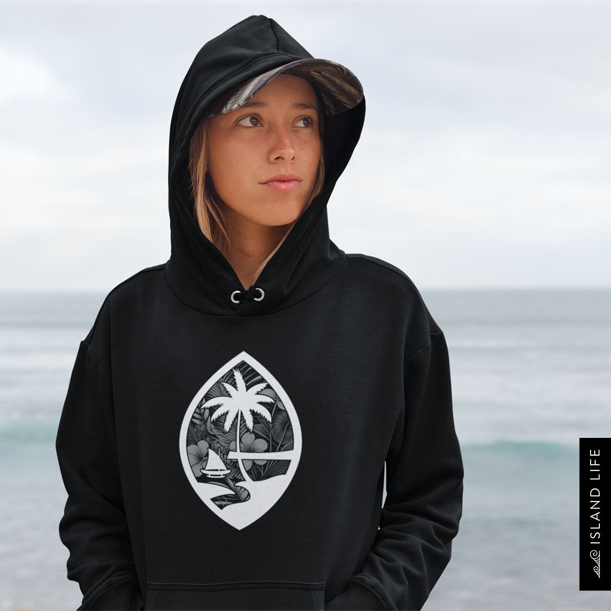 Guam Seal Monochrome Floral Adult Heavy Blend Pullover Hoodie