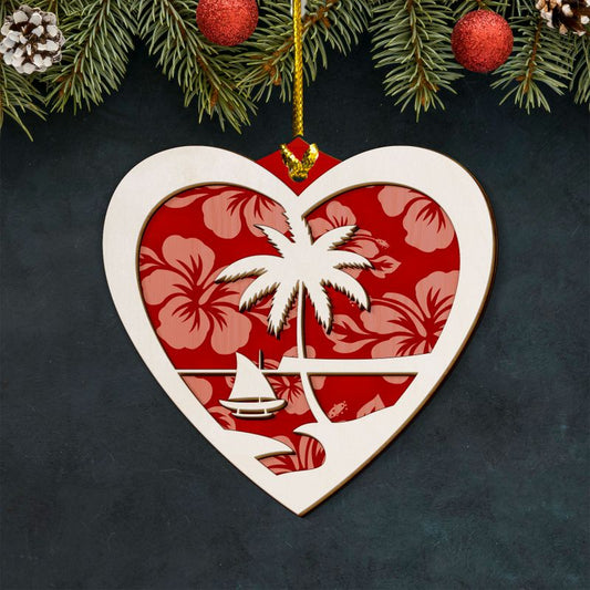 Heart Guam Red Hibiscus Layered Wood Ornament