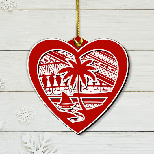 Heart Guam Red Tribal Layered Wood Ornament