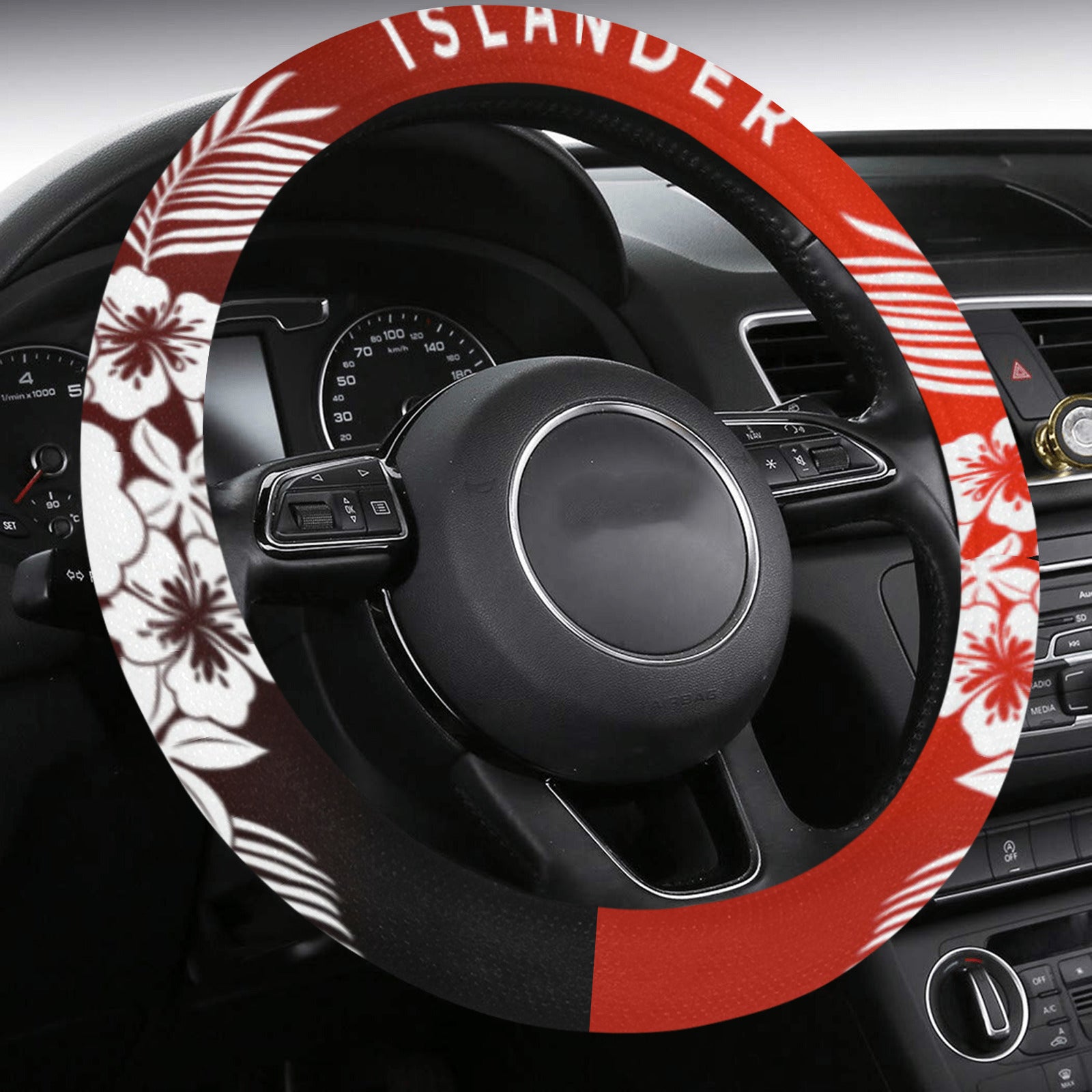 Tropical Hibiscus Islander Guam CNMI Red Steering Wheel Cover with Anti-Slip Insert