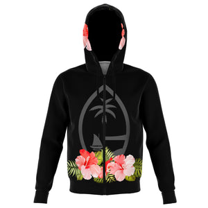 Guam Pink Hibiscus Black Zip Hoodie Jacket