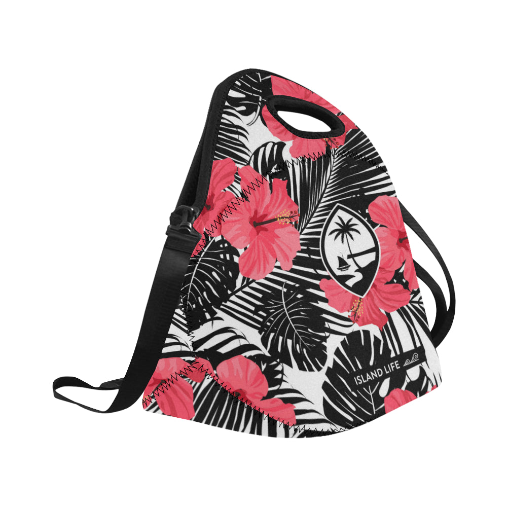 Guam Pink Black Hibiscus Leaves Neoprene Lunch Bag Large