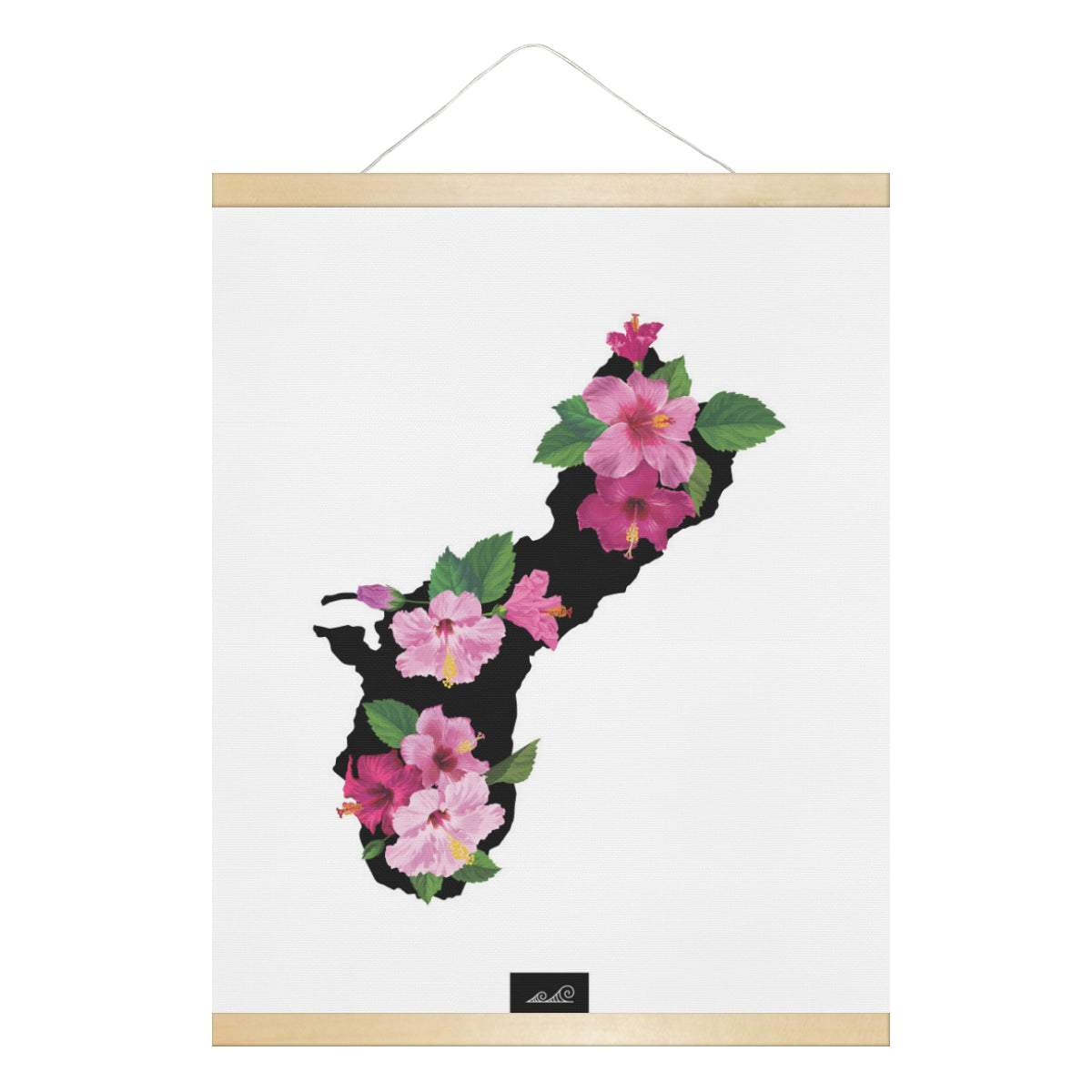 Guam Island Hibiscus Fuchsia Black Hanging Canvas Poster with Wood Frame
