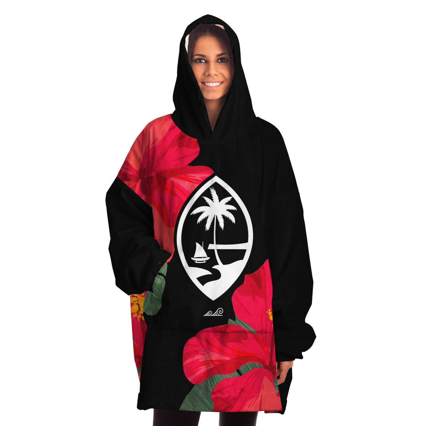 Guam Red Hibiscus Paradise Black Blanket Snug Hoodie