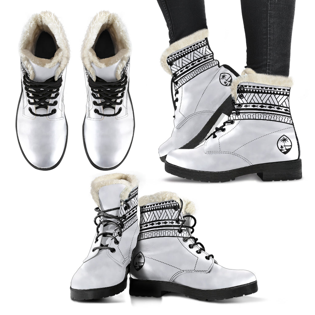 Guam Seal Tribal White Faux Fur Leather Boots