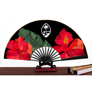 Guam Hibiscus Paradise Black Spun Silk Folding Fan