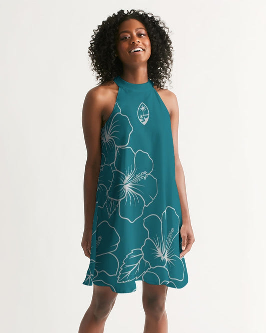 Guam Modern Hibiscus Teal Women's Halter Dress