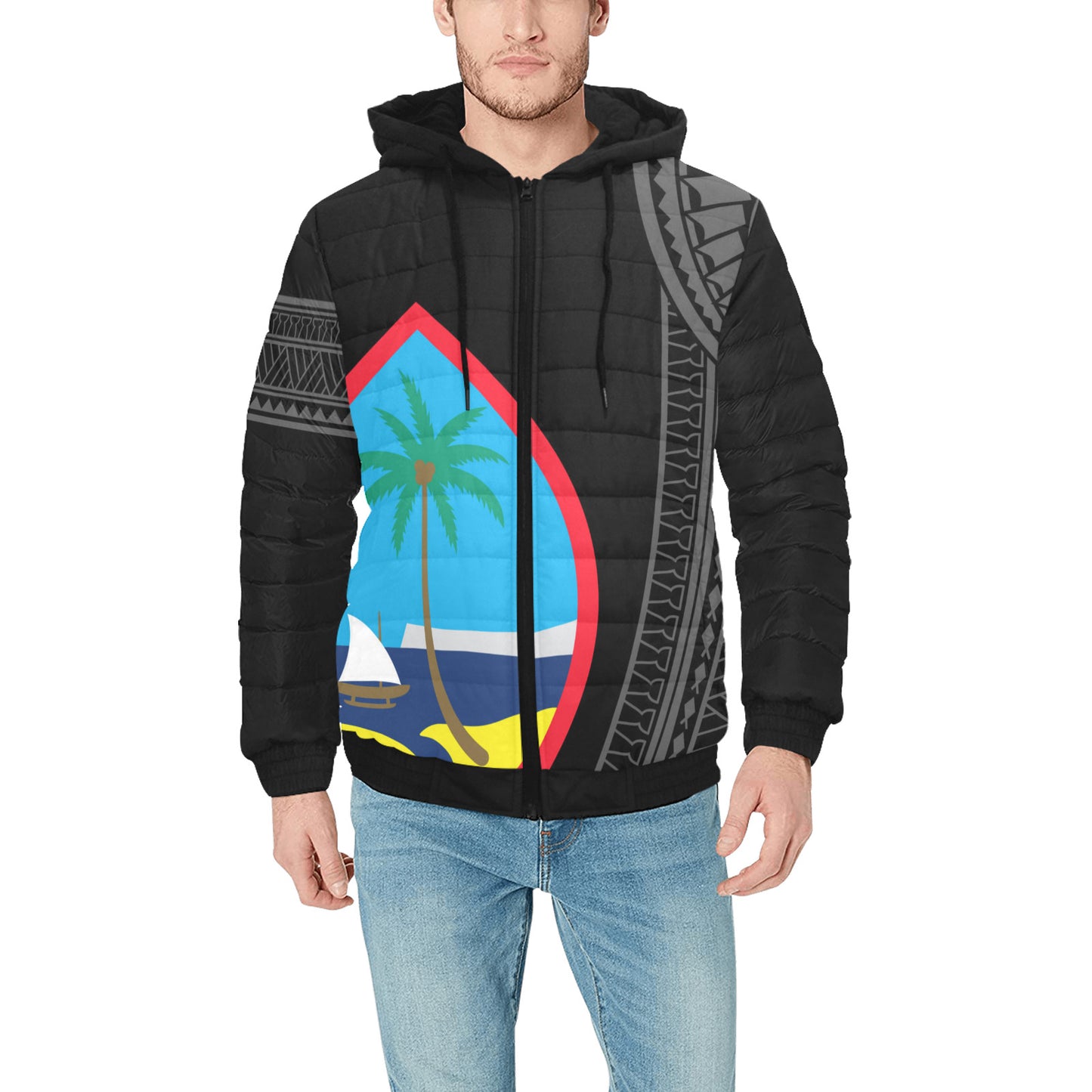 Guam Seal Color Tribal Black Men's Hooded Padded Jacket