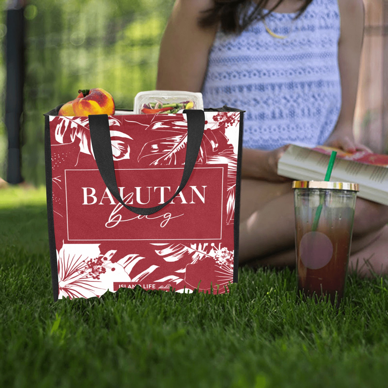 Guam CNMI Red Floral Balutan Large Picnic Tote Bag