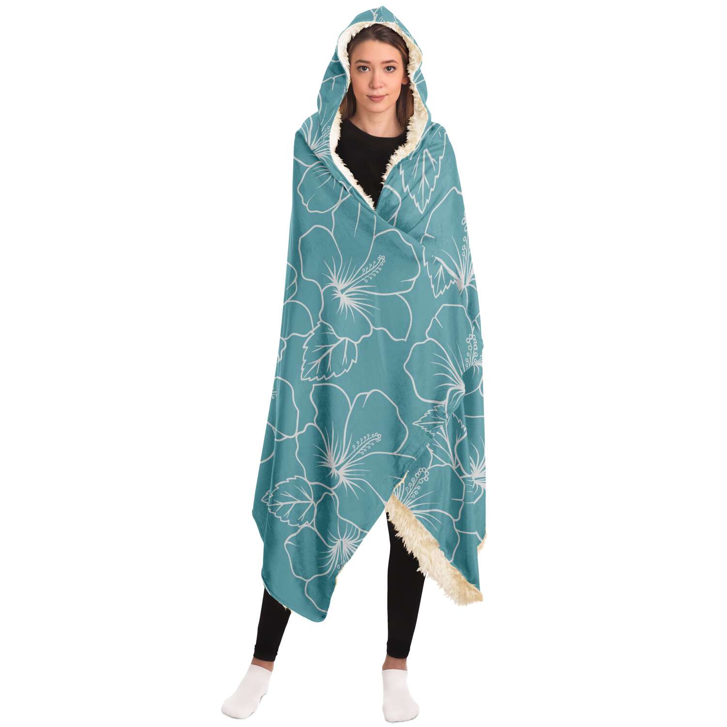Guam Modern Hibiscus Teal Premium Sherpa Hooded Blanket