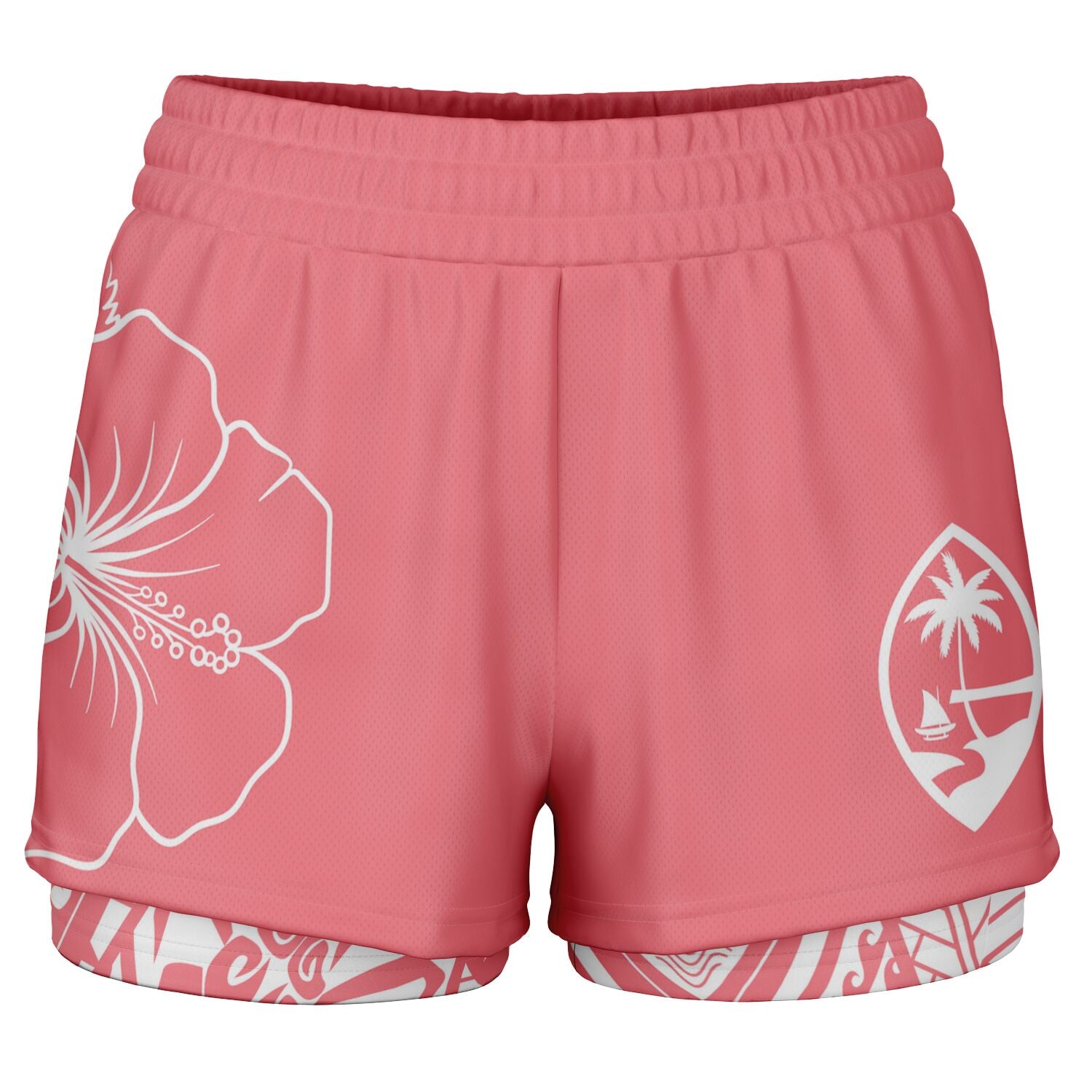 Guam Coral Modern Hibiscus Layer 2-in-1 Phone Pocket Active Shorts