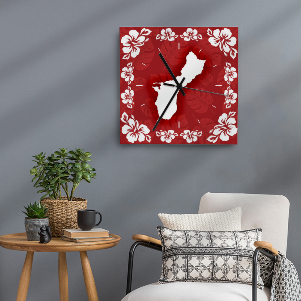 Guam Shape Red Hibiscus Square Silent Wooden Wall Clock