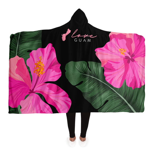 Guam Pink Hibiscus Paradise Black Premium Sherpa Hooded Blanket