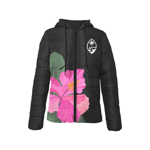 Guam Pink Hibiscus Paradise Women's Black Hooded Padded Jacket